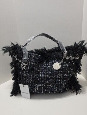 Alex Max Woven Modern Bag Black/Blue Tweed Fringe Tote Style BO1601/A